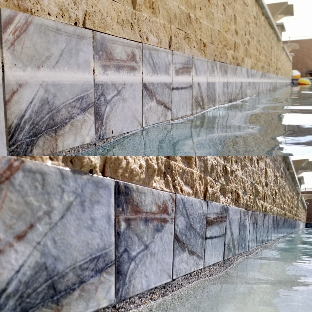 Marble look pool tile with a calcium line before and clean after