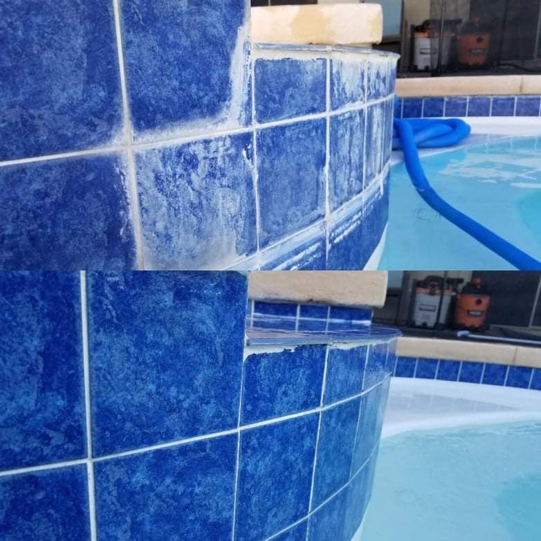 Blue tile on a curved spa edge with white scale before and clean after