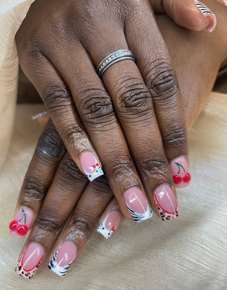 Square French tips with cherries, zebra and leopard accents