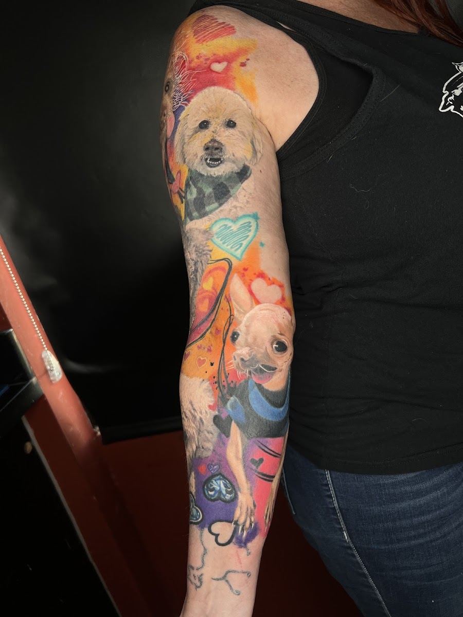 Full color arm sleeve with a dog portrait, heart and bright abstract color