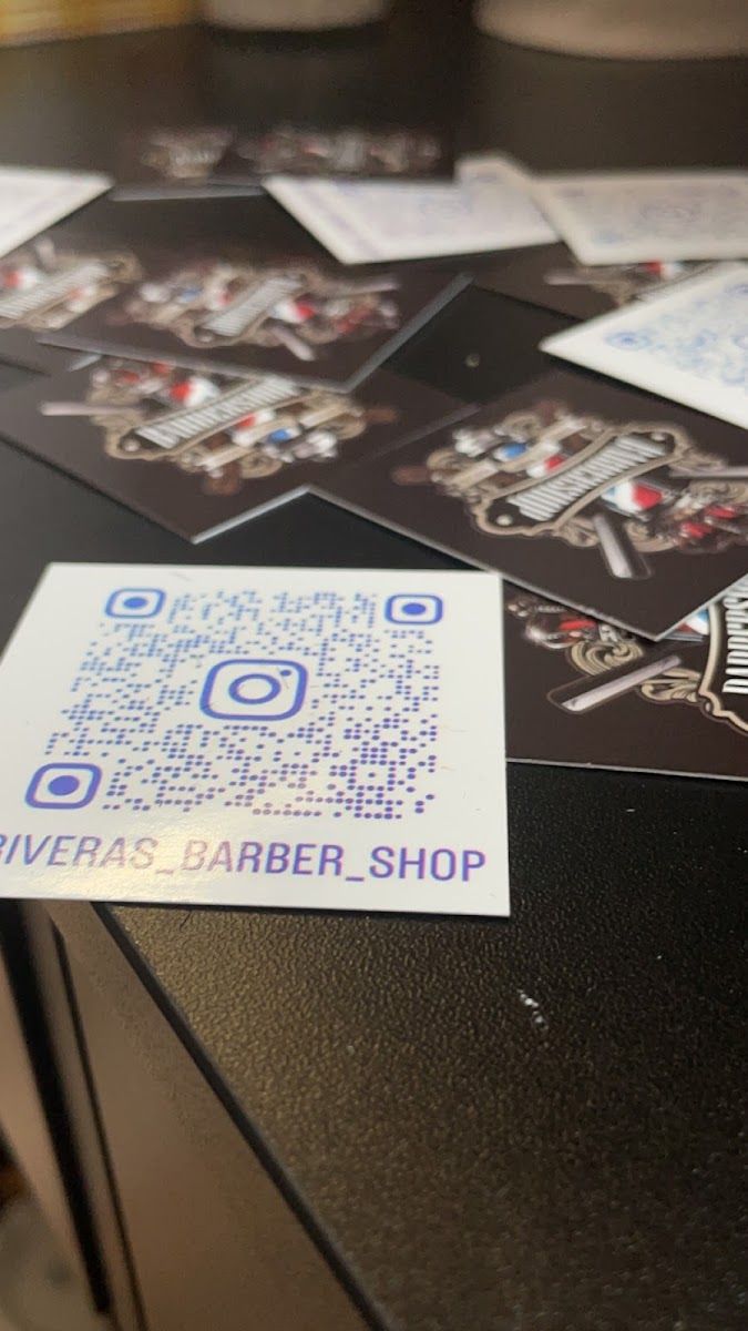 Rivera's business cards and an Instagram QR code on the counter