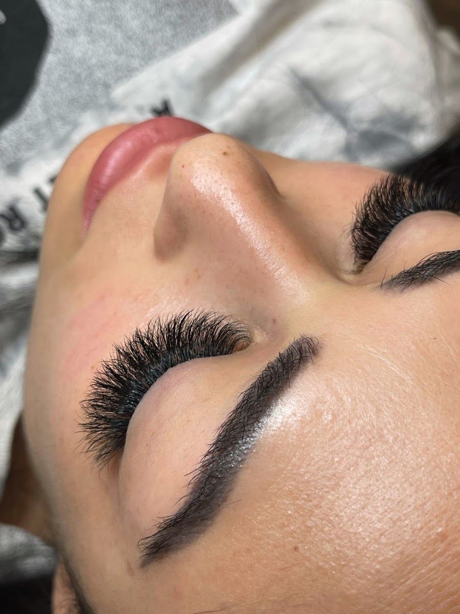 Close-up of a full set of dark volume lash extensions with a sculpted brow