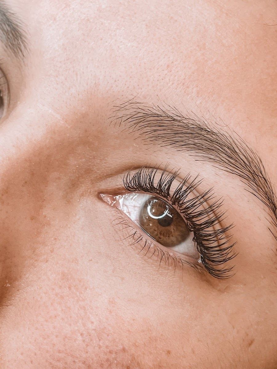 Close up of a natural lash extension set on a brown eye