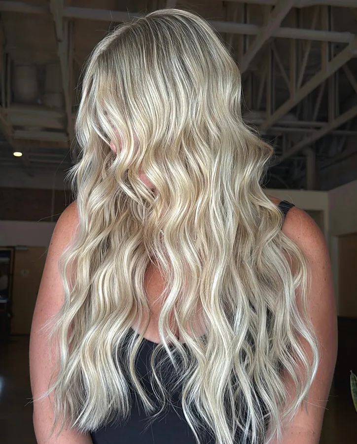 Bright blonde waves seen from behind, long and full