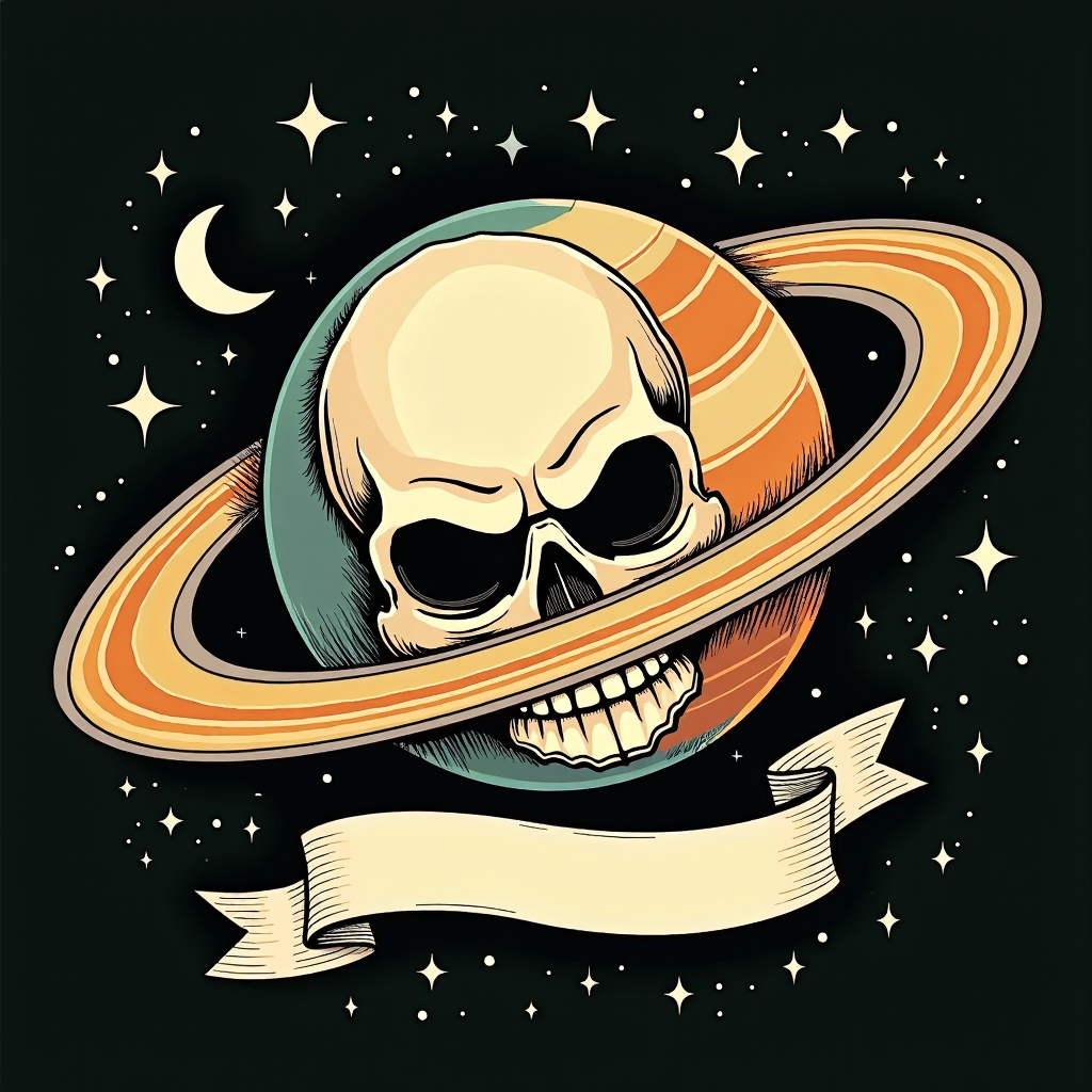 Illustration: tattoo-flash skull planet with a ribbon banner
