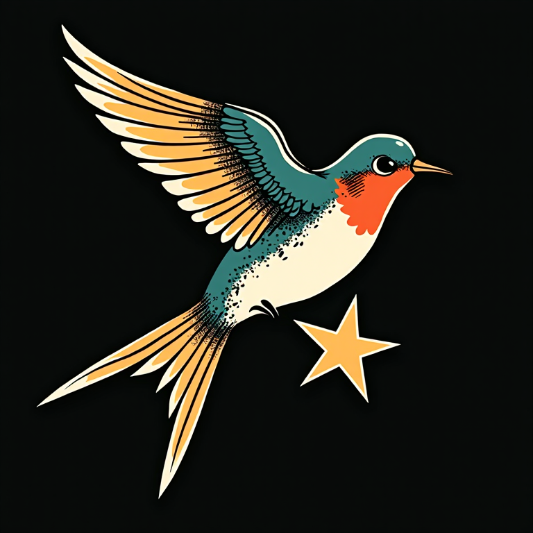Illustration: tattoo-flash swallow carrying a star
