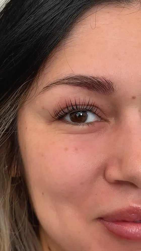 Close-up of one eye with lifted, curled lashes and a full, brushed-up brow.