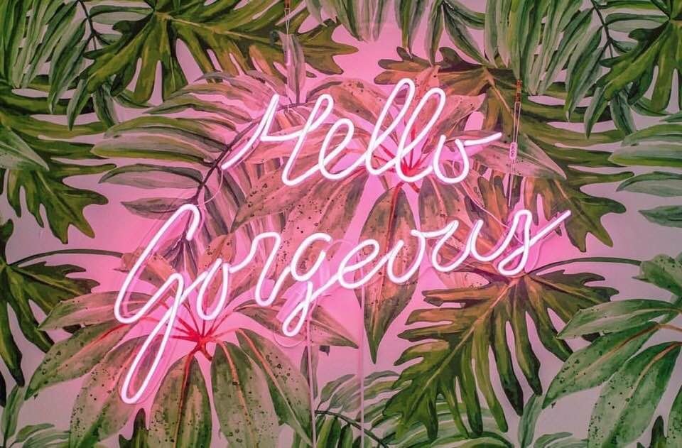 Pink neon Hello Gorgeous sign over monstera leaf wallpaper in the studio