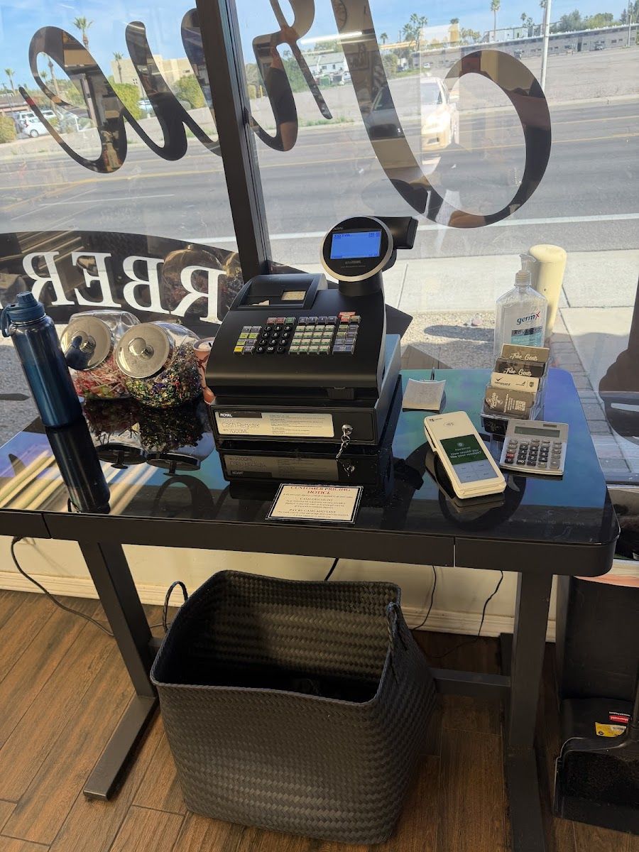Front counter with the shop's script window lettering
