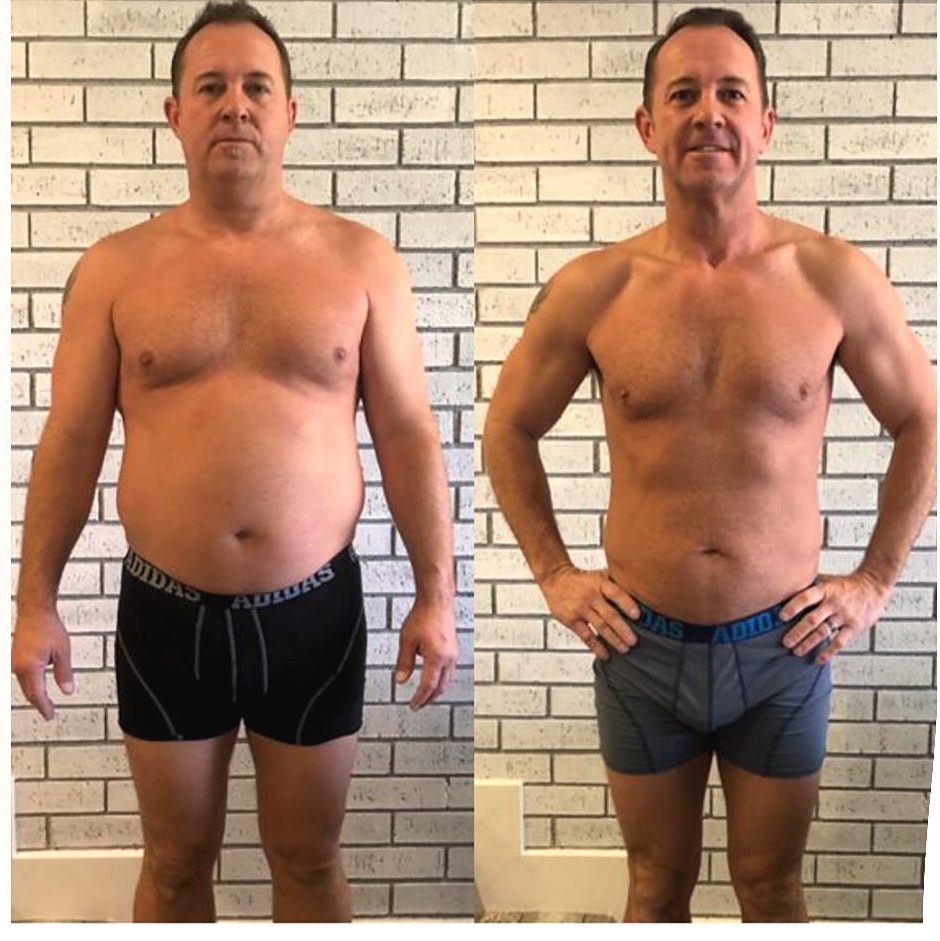 Side by side photos of a man in front of a white brick wall, the right photo visibly leaner