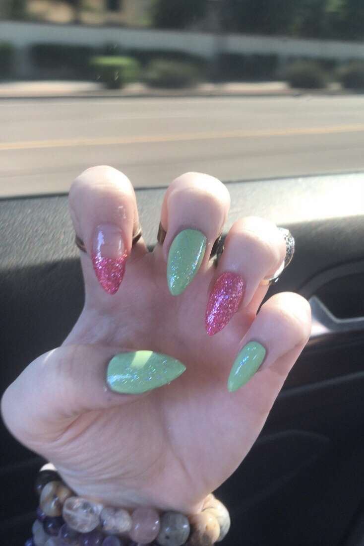 Long almond nails in pink glitter and mint green