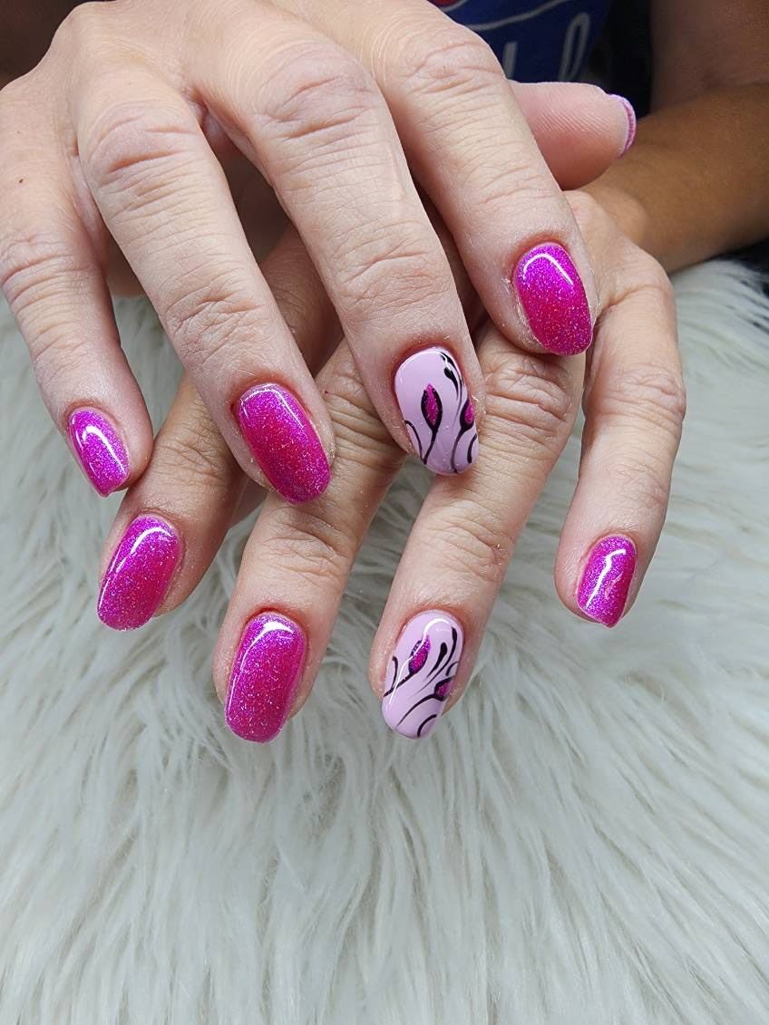 Hot pink glitter nails with flame art