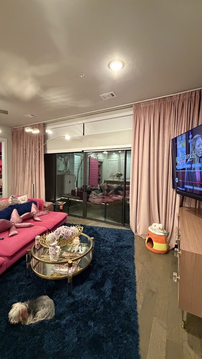Living room with a navy shag rug and pink sofa